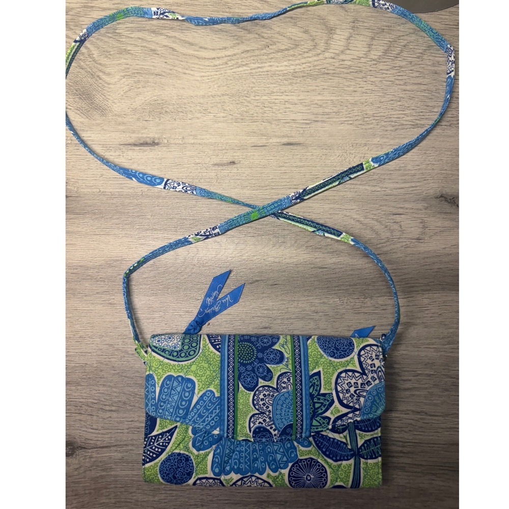 Vera Bradley All In One Crossbody Wallet Bag Blue Green Floral Paisley Quilted